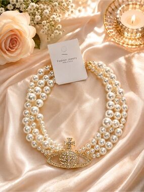 Source Unknown Pearl Multi-Strand Necklace with Gold Crystal Orb Accent